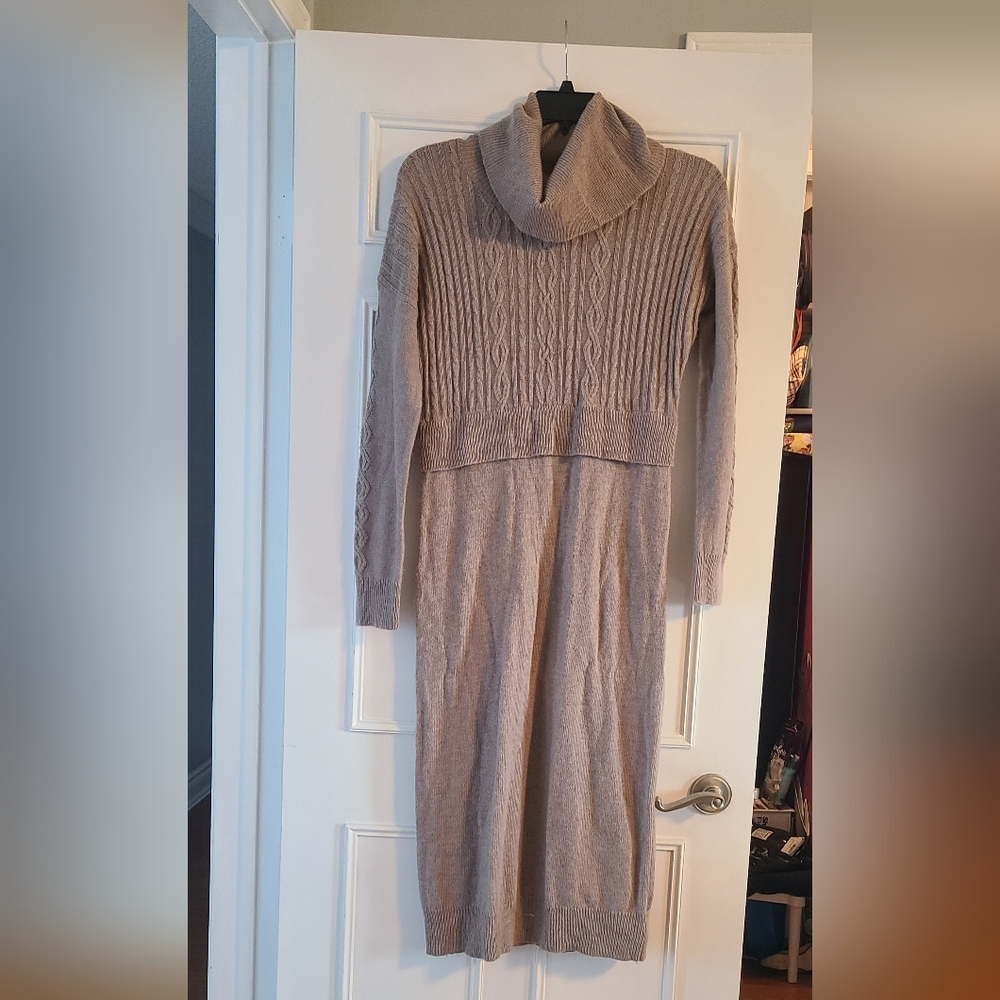 Tahari Taupe Cable Knit Long Sweater Dress